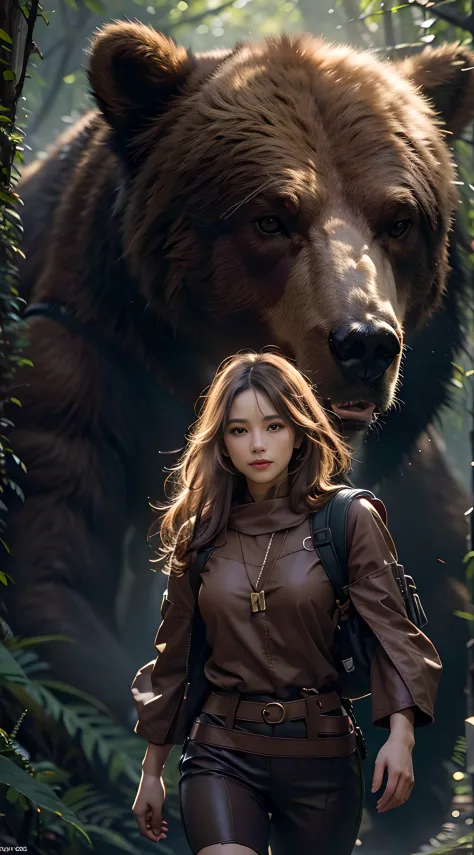 Illustration with the theme of bears and girls, （A girl with delicate and beautiful facial features, There is a fierce brown bear next to it）, （Adventurer costumes and backpacks）Background with（Dense primeval forest+waterfallr）, （Clear facial features）, Wa...