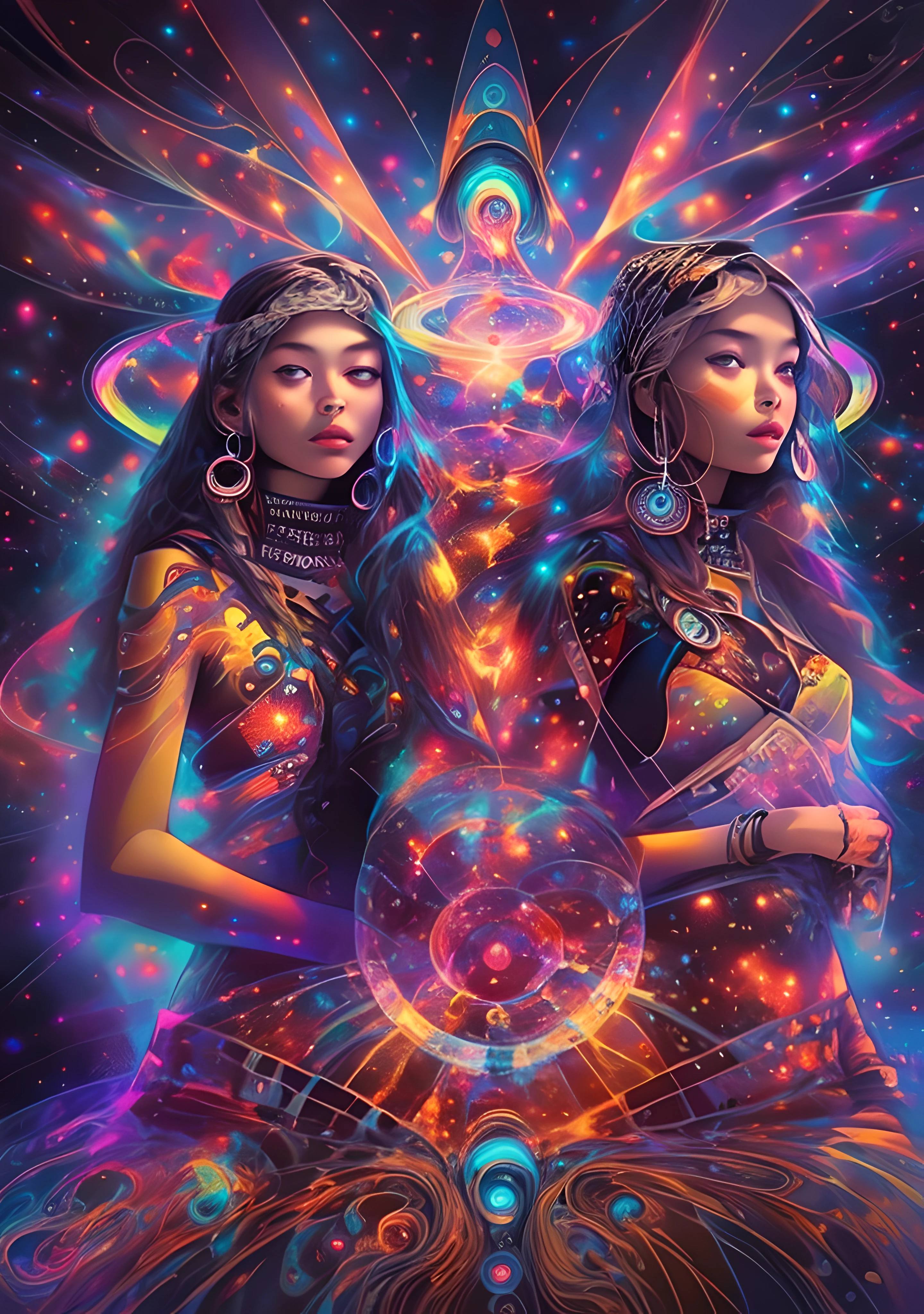 (High resolution, incredibly detailed, masterpiece),ultra hd, airbrush painting of  3 native american girls with a galaxy shaped vortex of stars behind them, whole body posture,performing a ritual,featuring fractal geometry in (vibrant colors:0.7), set against a (galactic background:1.3), bringing together complex and psychedelic mesmerizing shapes and patterns,dmt experience,mushroom trip,soundsystem,speakers,starlight.