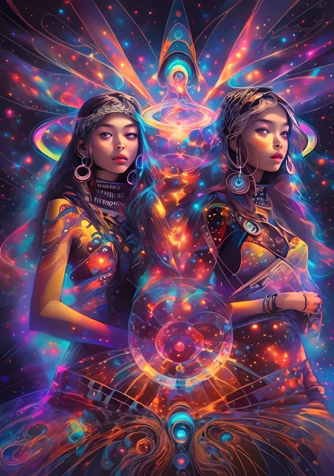 (High resolution, incredibly detailed, masterpiece),ultra hd, airbrush painting of  3 native american girls with a galaxy shaped...