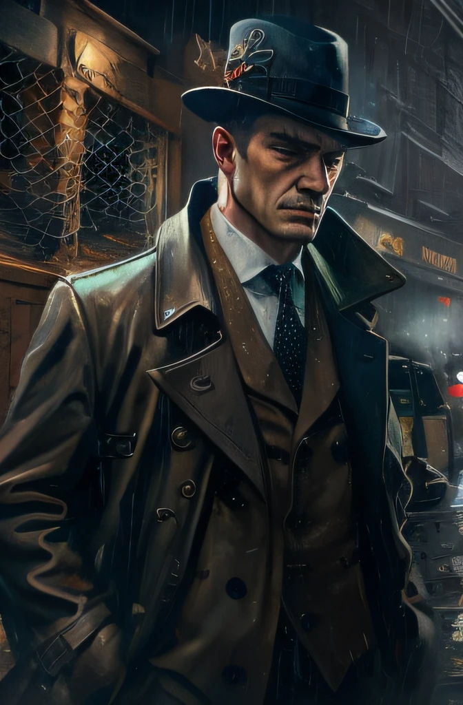 Gustav do painting style，detective clothes（wind coat：1.1）And realistic illustration of hat，Night in the city of Victorian London，epic lighting，cinmatic lighting，A high resolution，（detailled image：1），insanely details，（highly  detailed：1.2），Mafia in the 1920s, Trench coat and top hat, Realistic oil painting style, Printmaking style, Fog and heavy rain, Rundown town, Street lights, narrow road, Stretch forward, Suffocating, scary style, Suspense style, Detective novel style, mafia style, mysterious, Deep, Dark, fantasy