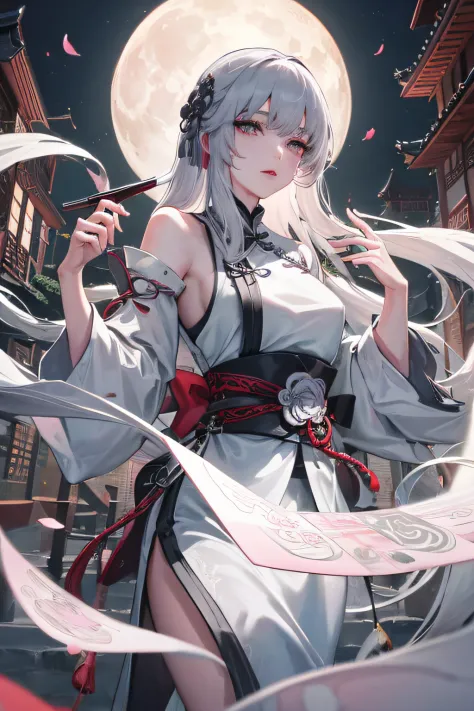 8K, Masterpiece, Best quality, Night, full moon, 1 girl, Chinese style, Chinese architecture, Mature woman, sister, Silver white long haired woman, Long hair, Light pink lips, calm, logical, bangs, Gray pupils, assassins, Fan, Knife fan, petal dancing, Del...