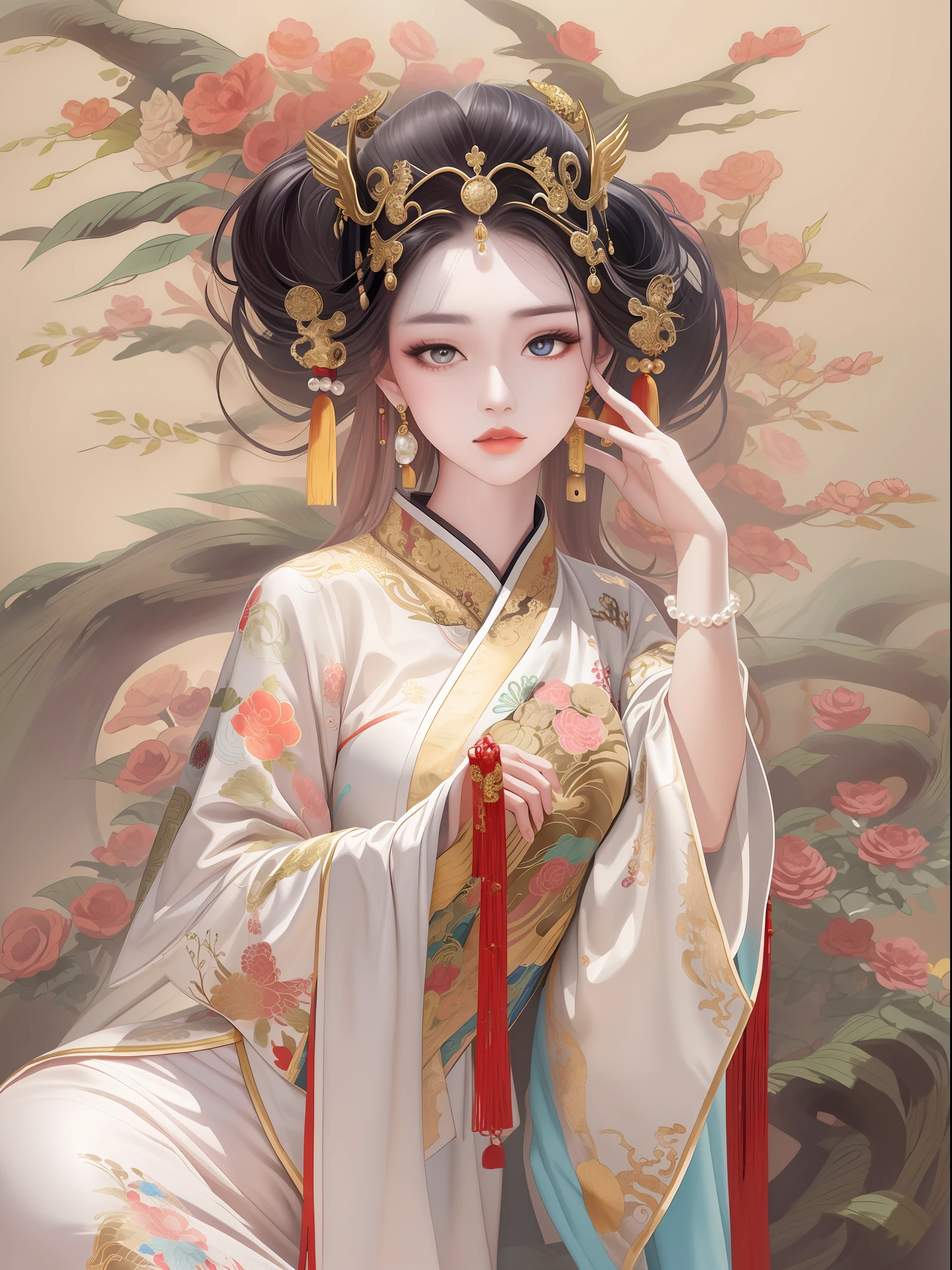 1 женщина，wearing Китайский Traditional dress，Носите сложные и изысканные головные уборы.，Корона украшена жемчугом и драгоценными камнями.，Нежно вышитый шелковый халат，длинные черные волосы，гладкий и блестящий，серьги с жемчугом в стиле Феникс，Носить мантию феникса，Золотой халат с широкими рукавами，Длинное красное шелковое платье，Благородный и великолепный，оглядываться，Нежные глаза，(((Нежное изображение лица)))，цвет，широкие углы，Далекий вид，Высочайшее качество изображения，tшедевр，Китайский，ярко，8К，Китайский illustration，дотошный，Китайский colors，рисунок цветными чернилами，Китайский Gongbi Painting，Traditional Китайский painting，Стиль древнего художника Чжан Дацянь