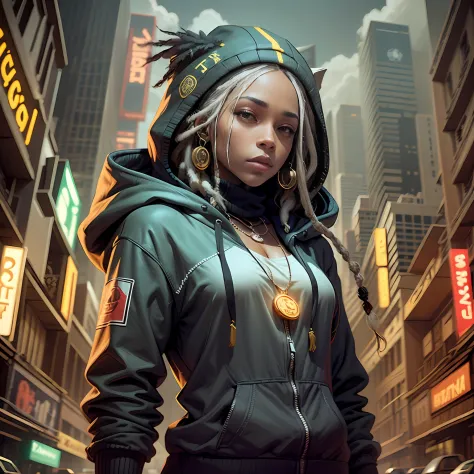EAGLE CHARACTER, black woman, with dreadlocks, hood, with bitcoin necklace, cyberpuk, red neon mask