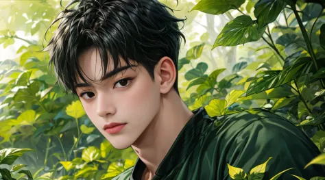Masterpiece, 1 boy, Robust,white short sleeve， Shy, face round, Black eyes，largeeyes，Stand among the green leaves
