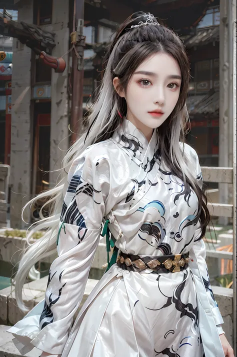 photorealistic, high resolution, 1 girl, hips up, beautiful eyes, white hair, long hair, ringed eyes, chinese clothes, feiyu
