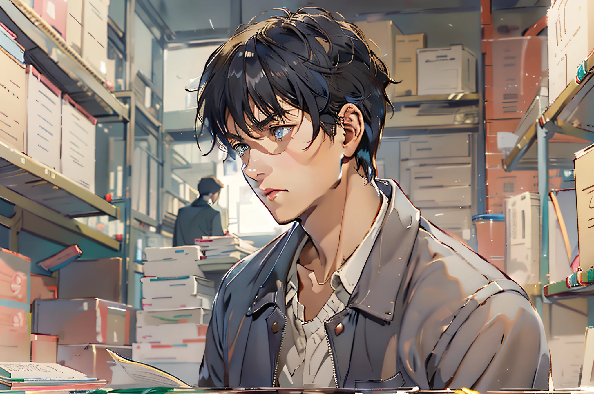 /想像プロンプト: 若くて才能のある男, 決意と思慮深い表情で, 事件の詳細を研究することに焦点を当てた. 彼は犯罪現場を注意深く観察する, 落ち着きと平静さを醸し出す, by Makoto Shinkai --niji 5