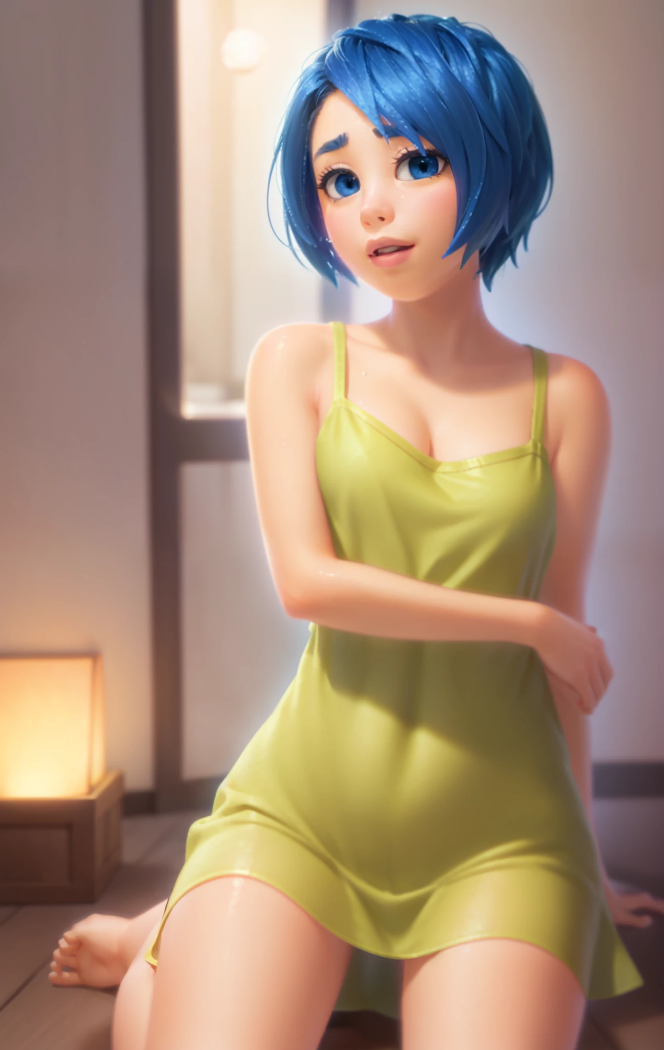 Masterpiece, Best Quality, (joying_Inside out, yellow skin, ), Happy, wet transparent mini green dress, Pixar, cartoony, 3D Rendering, little chest, sexy expression, bare footed, panty, showing panties, panties visible, ((Masterpiece)),((Best Quality)),absurdress, Sunlight, (half closed eyes:0.4), (parted lips:1.4), (nose blush:1.2), slight smile, foreshortening, looking at viewer, blackcutoffs, (eye contact), masterpiece, high contrast, best quality, ultra high res, high resolution, detailed, (parted lips:1.4), (nose blush:1.2), breasts visible, Showing breasts, (cinematic lighting), ((high-angle view)), (half body shadow), [backlighting], [crepuscular ray], [detailed ambient light], [gray natural lighting], [ambient light on the belly], (higher wildlife feral detail), [explict content], [sharp focus], (questionable content), (shaded), ((masterpiece), Commission for High Res, masterpiece, best quality, detailed image, bright colors, detailed face, perfect lighting, perfect shadows, perfect eyes, girl focus, flawless face, gorgeous body, shiny body, center focus, gaze at the viewer, 1girl, solo, (masterpiece:1.21), (best quality:1.2), (illustration:1.2), (cinematic lighting:1.3), balanced coloring, global illumination, ray tracing, good lighting, cleavage, attractive body, sexy body, looking at viewer, SFW, portrait close up, upper body portrait