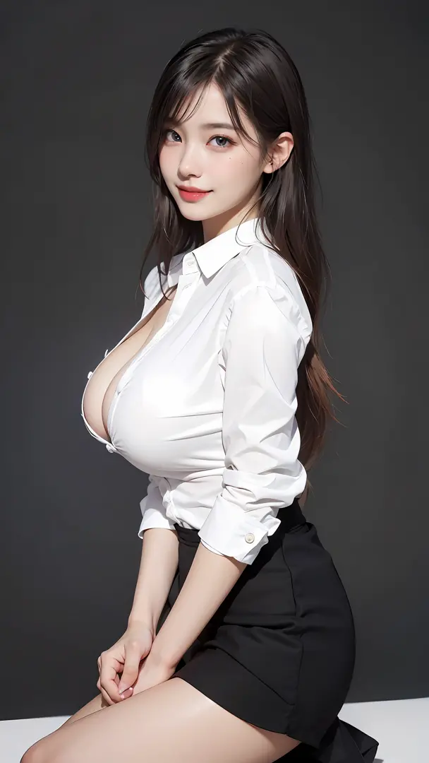 white background, (gigantic breasts:1.2), realistic, big breasts, huge  breasts - SeaArt AI