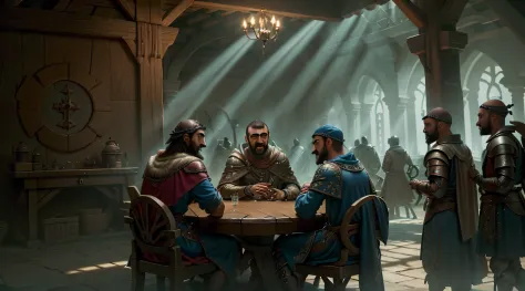 isaias usando capa, standingn, Far away is a round table with men drinking and laughing, robes and arms of cloak raised on a bro...