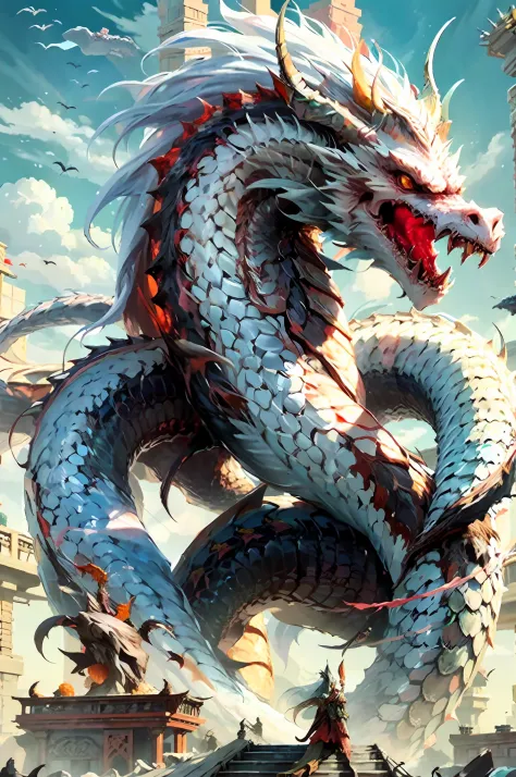 a painting of a dragon with a long tail and a long tail, jormungandr, dragon art, sea serpent, chinese dragon concept art, naga-...