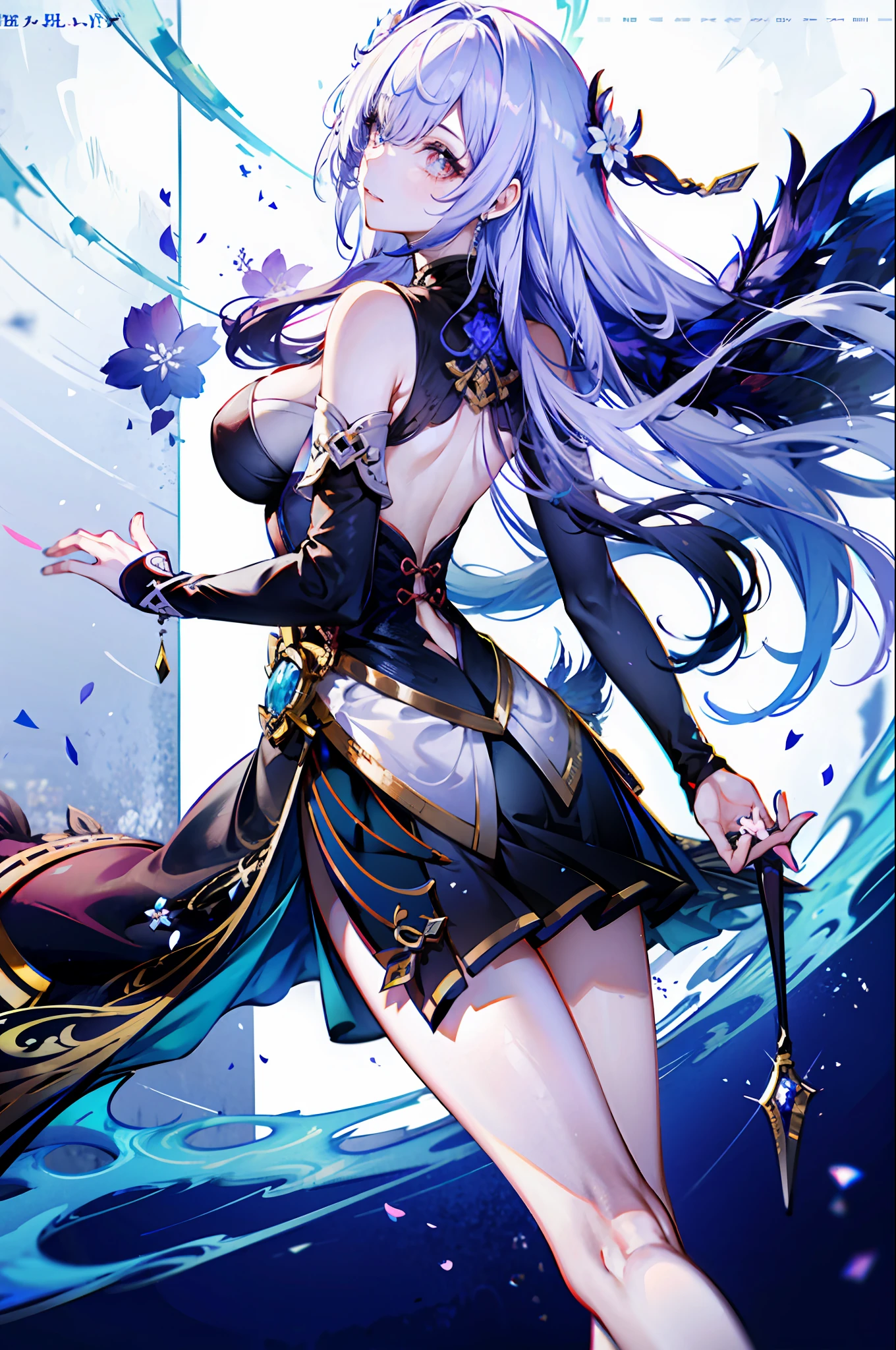 （best qualtiy，detailed back ground，Highest high resolution，8k wallpaper，full bloom，messy  hair，shinny hair，Exposure to light，Bright pupils），((Shen He（genshin impact）))，
1girll，Focus on the legs，receiver，long whitr hair，silber hair，Large breasts，randome pose，glass ceilings，hair_ornament，Hair is more than one eye，dutch_angle，