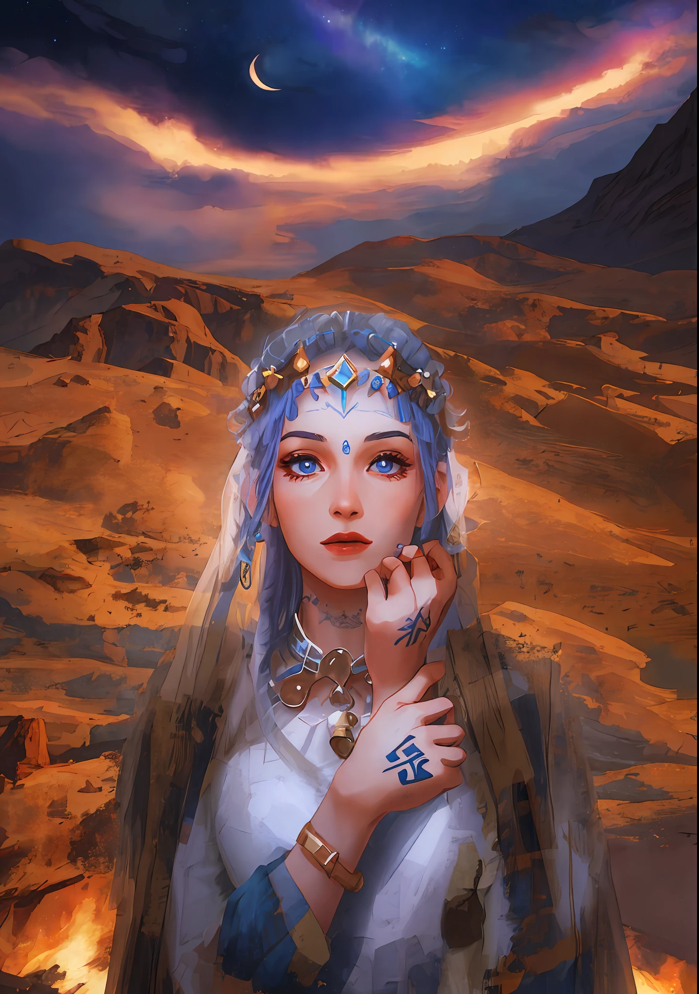 여성 1명, 아라비아 말, 모로코 사람, 아마지, 하얀 드레스를 입고, 타투, 그녀는 샤먼 옷을 입고 있다, 여신의 초상, 고대 리부 공주, 아름다운 밤하늘, 안개 영화 포스터, 시네마틱 조명,