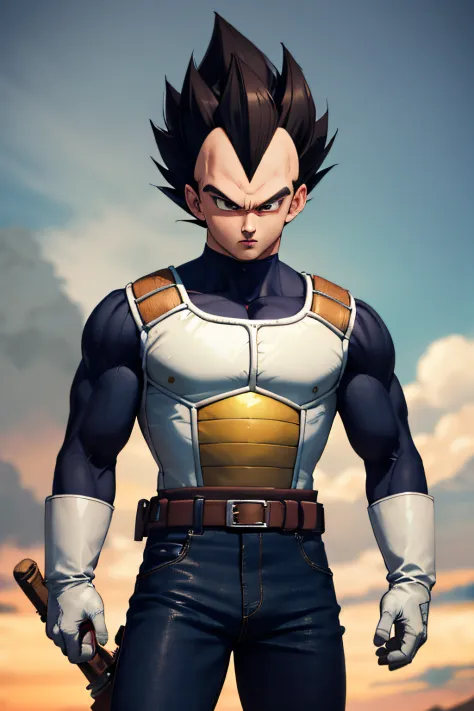 (masterpiece, best quality:1.2), cowboy shot, solo, male focus, 1boy, vegeta, serious, looking at viewer, black spiked hair, bla...