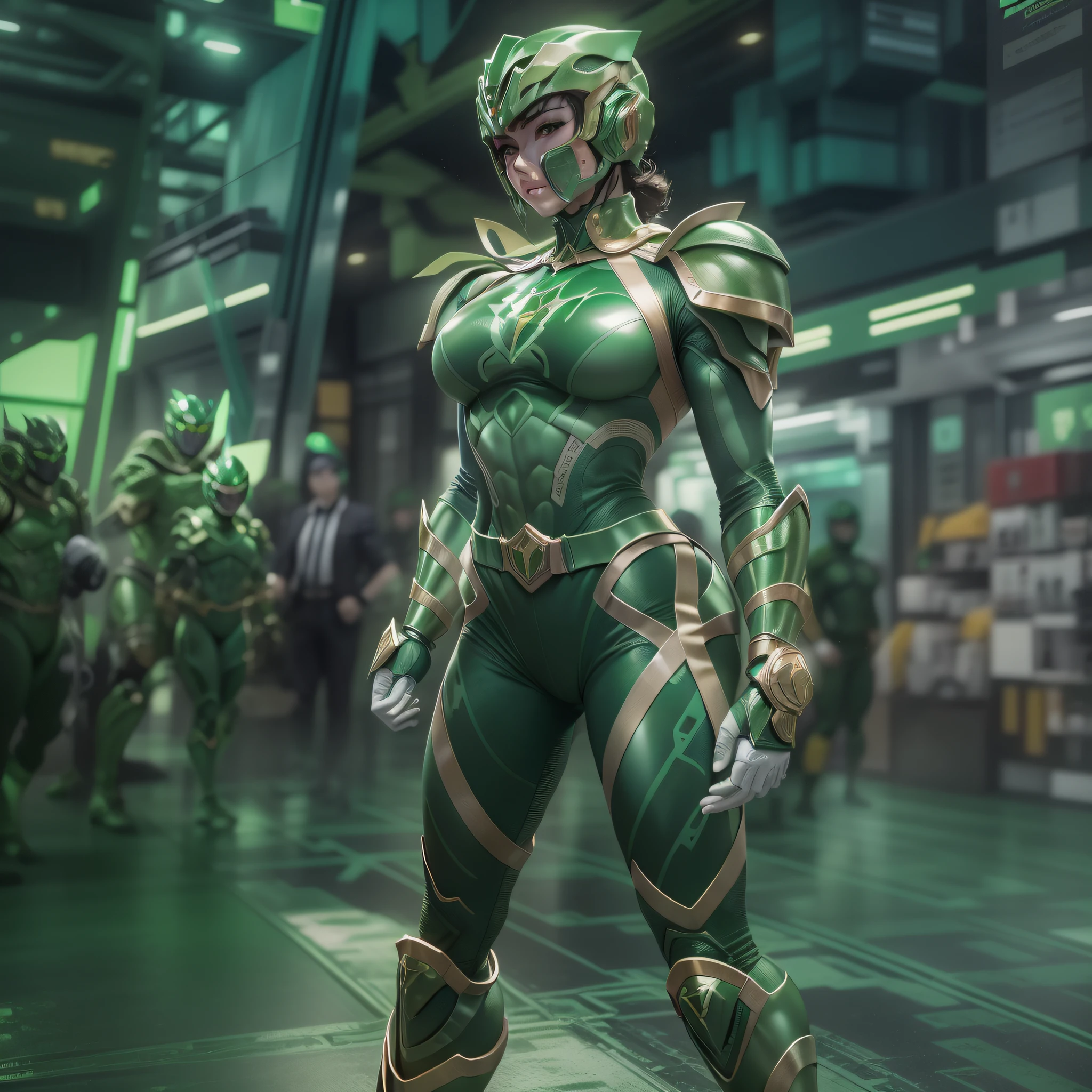 a close up of a muscle beautifull girl in a green power 部隊 costume, green power 部隊, 緑の脚, metallic 緑の鎧, 緑色のバトルアーマーを着ている, 緑の鎧, power 部隊, ズームアウトした全身, グリーンボディ, 全身のクローズアップショット, ズームアウトショット, 宇宙ヒーローの衣装を着て, 部隊, フルユニフォーム, 特撮
