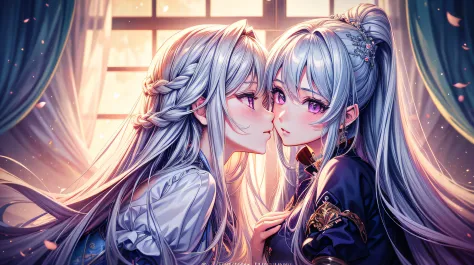 anime - style image of two women in a room with a window, kissing together cutely, kissing together, kissing each other, lovely ...