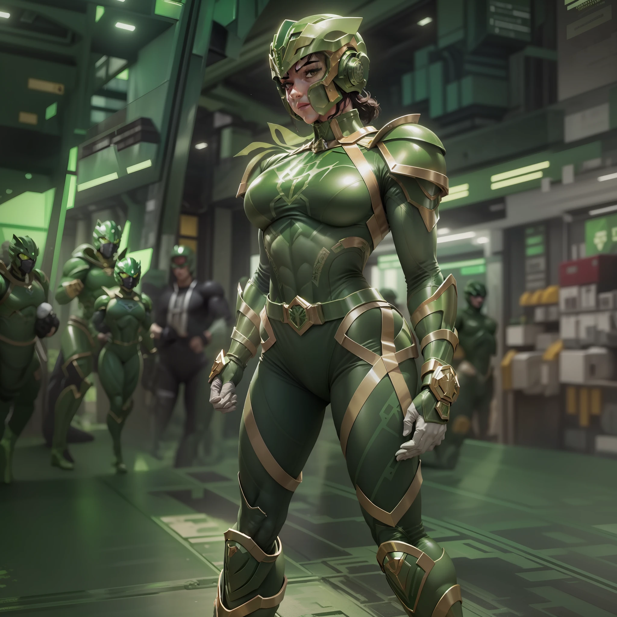 a close up of a muscle beautifull girl in a green power ranger costume, green power ranger, green legs, metallic green armor, wearing green battle armor, green armor, power ranger, zoomed out full body, green body, full body close-up shot, zoomed out shot, in a space hero outfit, ranger, full uniform, tokusatsu