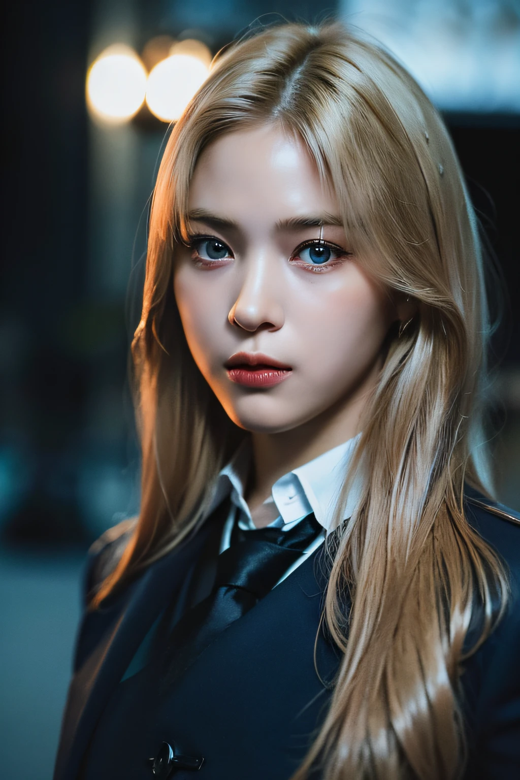 Best quality, masterpiece, ultra high res, (photorealistic:1.4), raw photo, 1girl, blonde hair, blue eyes, detailed eyes and face, black suit, dynamic lighting, in the dark, deep shadow, low key, cowboy shot full-lenght body