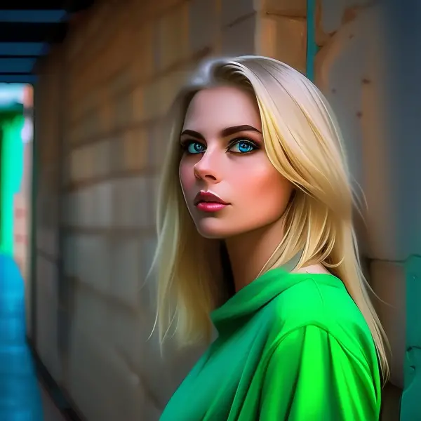 blonde woman with blue eyes and green shirt standing in front of a brick wall, color photograph portrait 4k, retrato colorido, f...