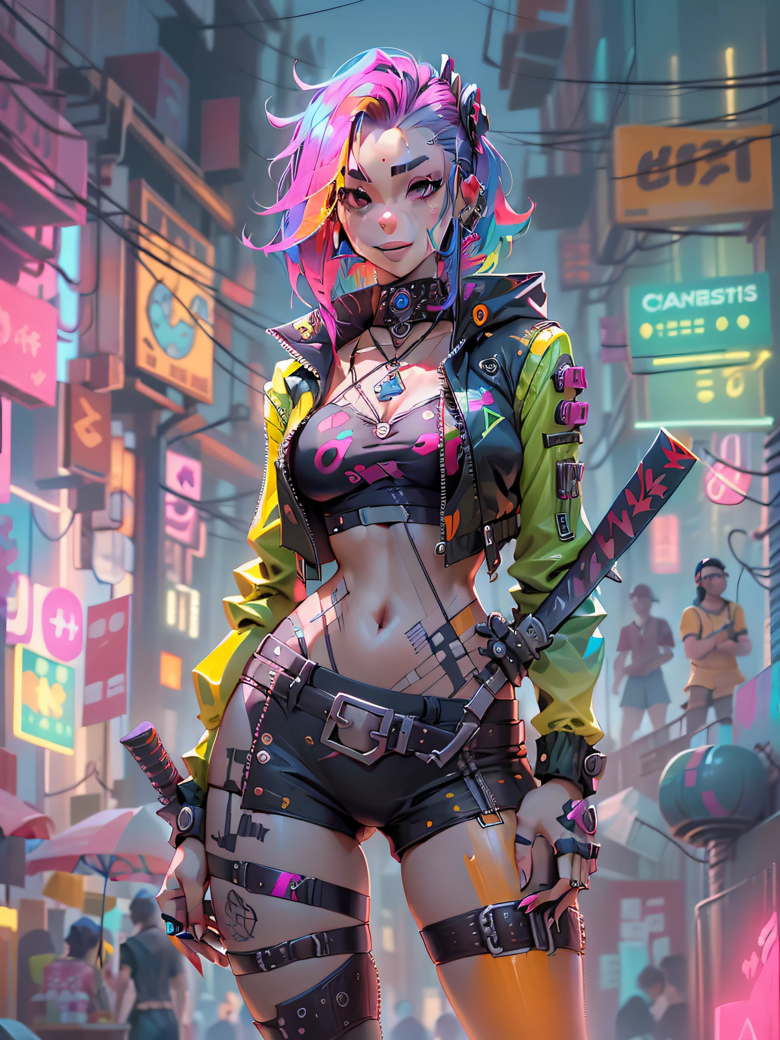 1, en el club, Estilo cyberpunk, pelo arcoiris, sonrisa maligna, sosteniendo una katana, Bañador de corte alto, pupilas amarillas,piel cibernética, chaqueta samurái