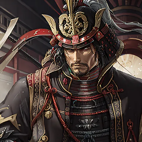 Oda Nobunaga, Honnoji Temple，Best quality，tmasterpiece，Handsome face，shelmet, katana swords