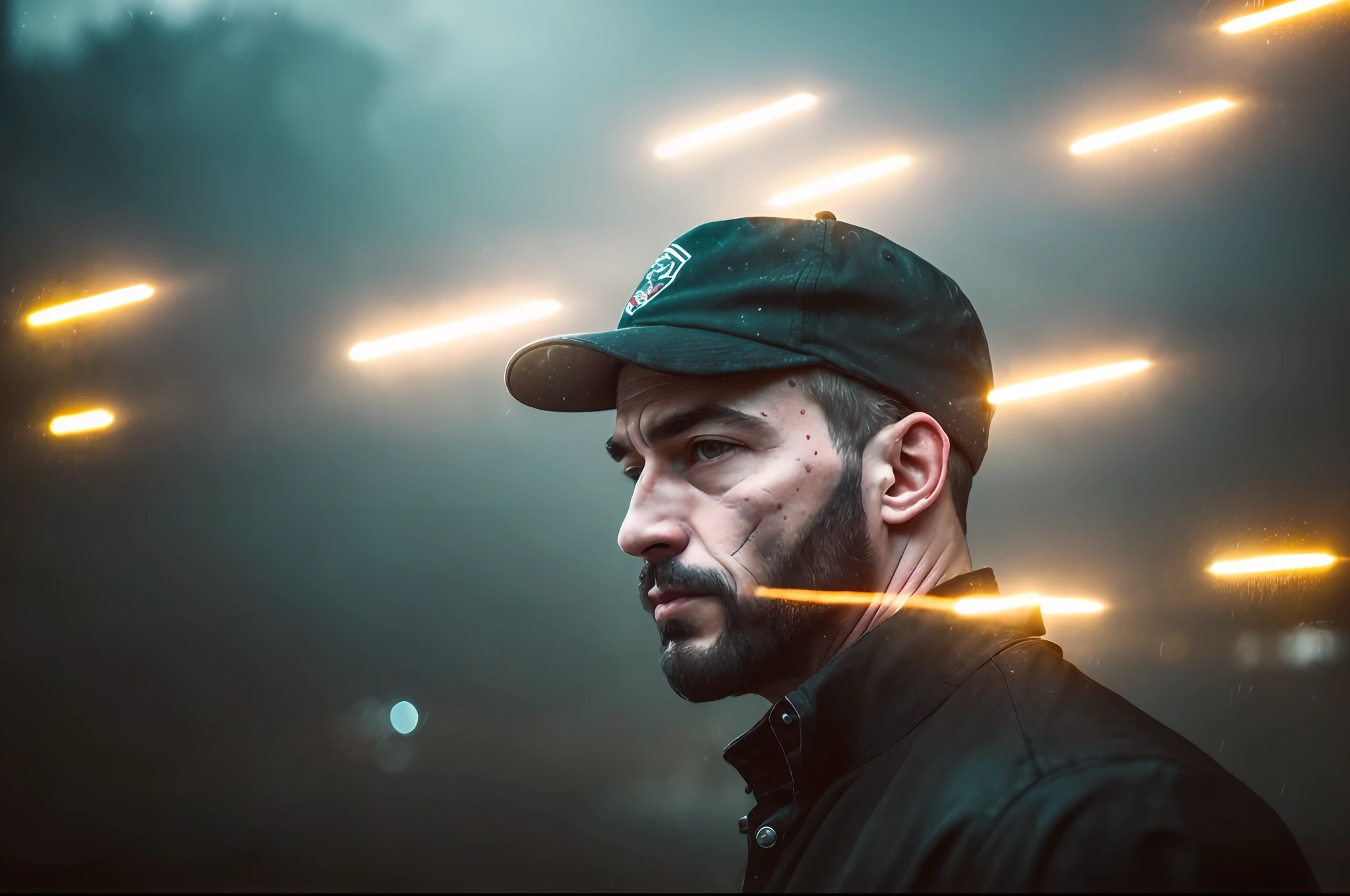 (Cinematographic photo:1.3) de (Realista:1.3),(Temeroso:1.3) a man in a cap , mid-shot, bokeh, light particules, monocromatic, pintura por Highly Detailed,(Dark hue:1.3),(close portrait:1.3),Thematic background