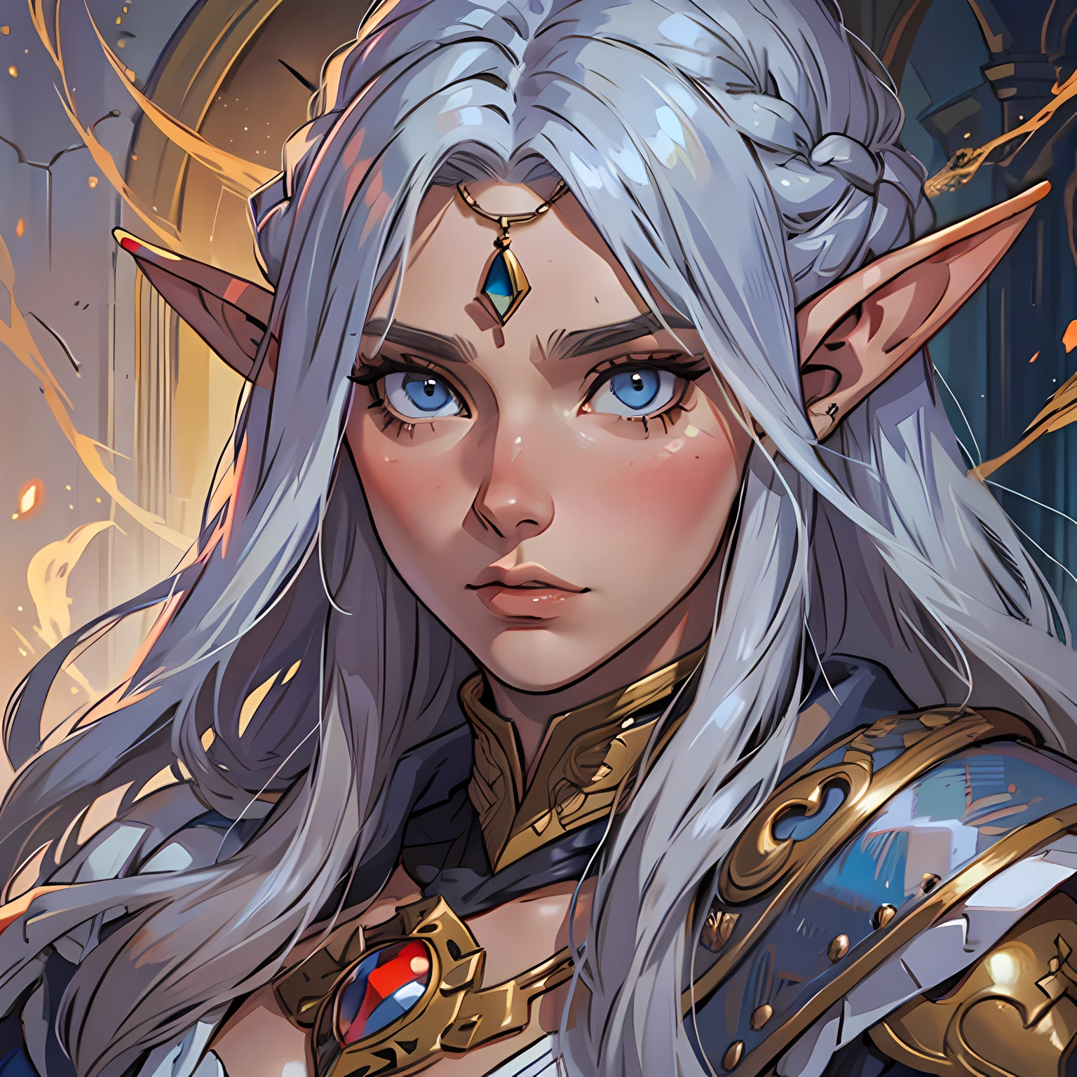 Retracted RPG, foreground, Fantasyart, Raza: Eleven genus: female, AGE: 60 years Eyes: Blue Skin color: Fair skin with warm tones Physique: thesis normal. facial features: Skin with wrinkles. expression: relaxed look. hairstyle: Gray hair equipment: Wizard Clothing Background: library