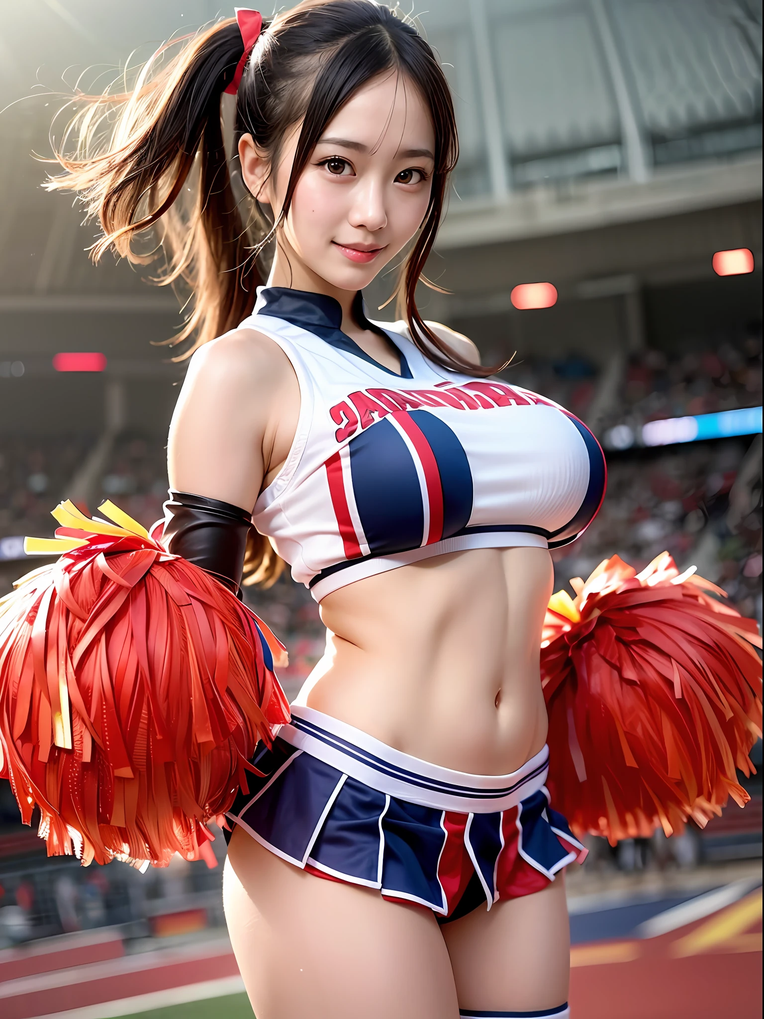 Ala-Fed Asian cheerleader holding pom pom in stadium, close-up, cosplay photo, anime cosplay, big breasts, RAW photo, best quality, high resolution, (masterpiece), (photorealistic:1.4), professional photography, sharp focus, HDR, 8K resolution, intricate details, depth of field, highly detailed cg unity 8k wallpaper, Front Light, NSFW, Woman, Girl, Beautiful Supermodel, Smiling, Slender, (Sweating all over: 1.3),