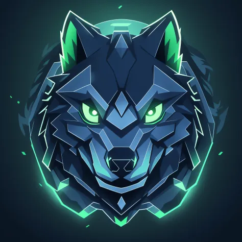 A detailed illustration face wolf,magic, esports, glowing green, howling, shield shaped logo, #69E200 hex, dark blue second color,  soccer logo, dark, ghotic, t-shirt design, in the style of Studio Ghibli, pastel tetradic colors, 3D vector art, cute and qu...