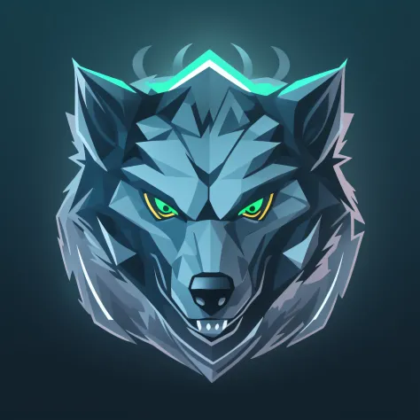 A detailed illustration face wolf,magic, esports, glowing green, howling, shield shaped logo, #69E200 hex, dark blue second color,  soccer logo, dark, ghotic, t-shirt design, in the style of Studio Ghibli, pastel tetradic colors, 3D vector art, cute and qu...