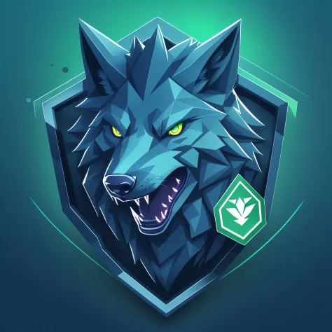 A detailed illustration face wolf,magic, esports, glowing green, howling, shield shaped logo, #69E200 hex, dark blue second colo...