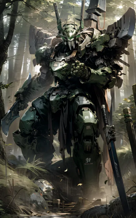 a giant robot wearing green heavy armor, in the forest, holding a massive axe, intricate details