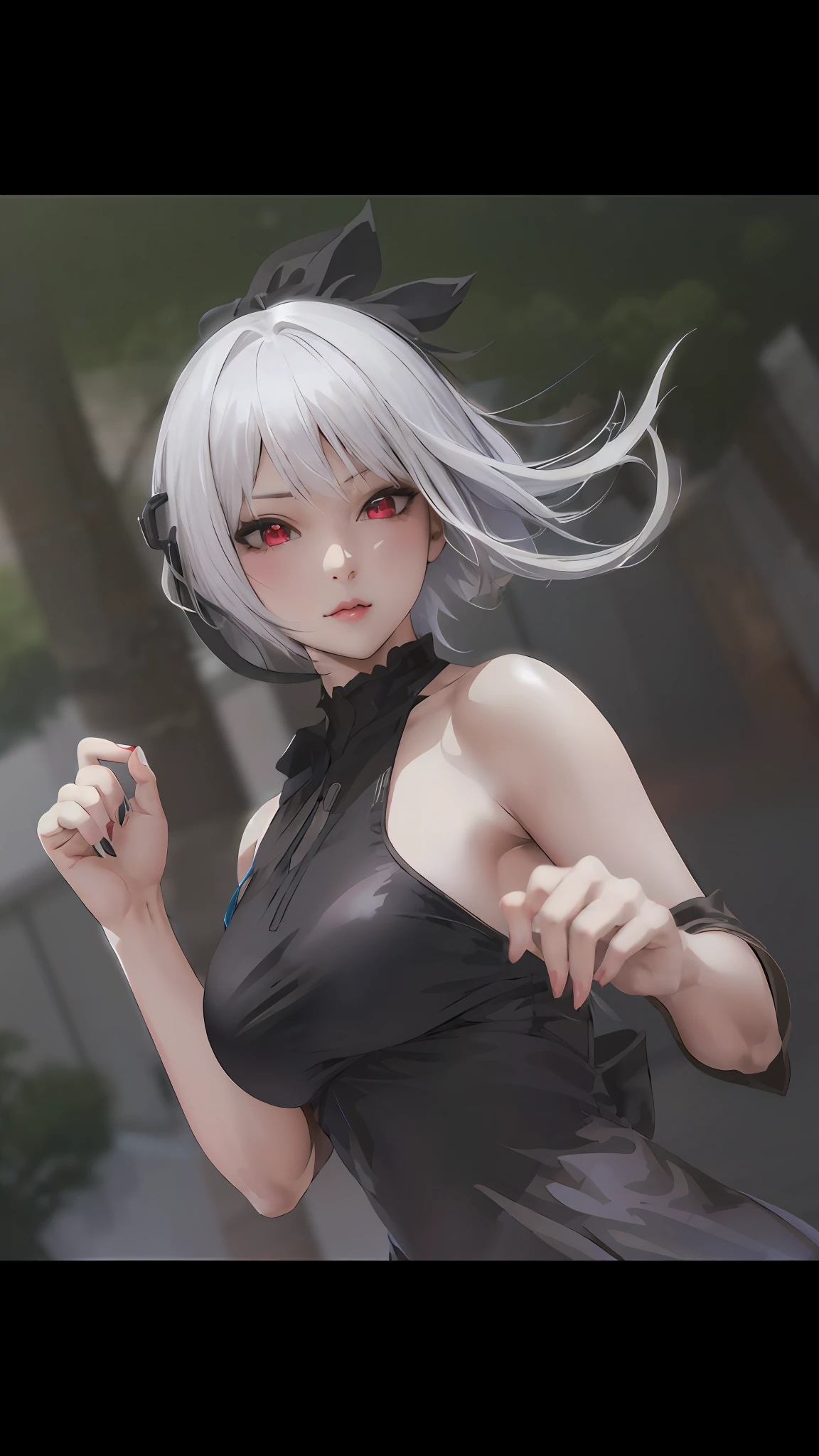 Anime girl with white hair and black dress on the street, photorealistic anime girl rendering, Smooth anime CG art, Anime style. 8K, style of anime4 K, seductive anime girls, anime styled 3d, render of a cute 3d anime girl, Perfect white haired girl, Girl with white hair, Badass anime 8 K, Digital anime art white hair red eyes