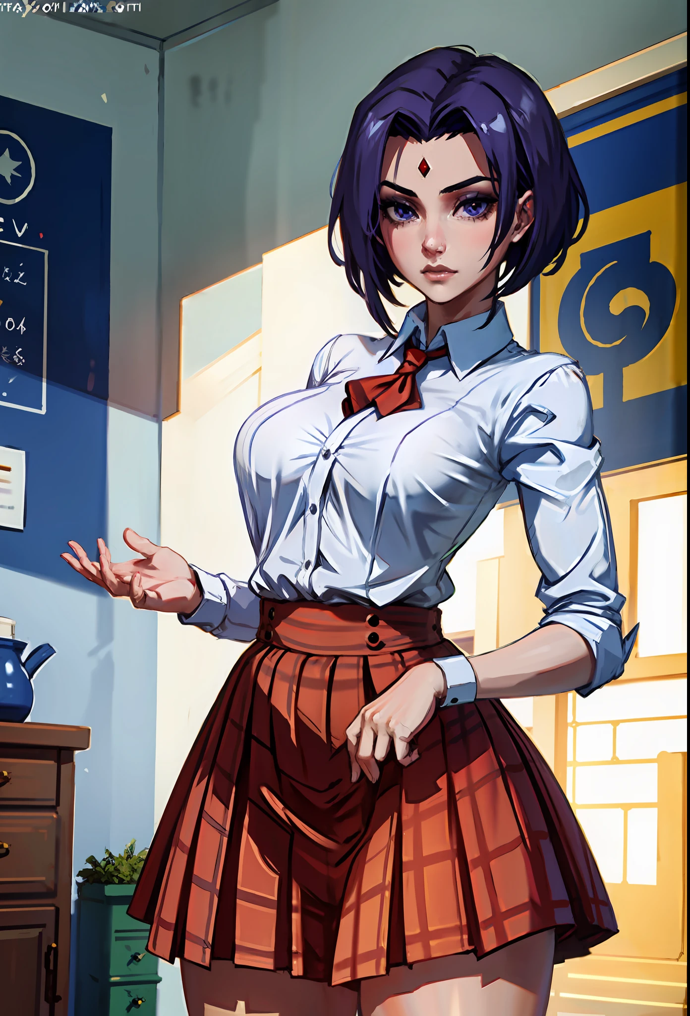 (Cowboy shot),  SFW, (Masterpiece), (Best Quality:1.0), (ultra highres:1.0), Detailed eyes
BREAK
RavenTT, dynamicpose, A jewel on the forehead
sweater vest, plaid skirt, collared white shirt, long sleeves, thights, wide hips
BREAK
gorgeous, Vista, Erotica, in heat, lust