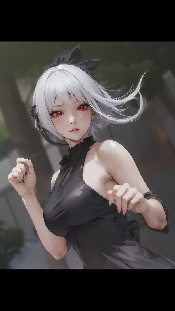 Anime girl with white hair and black dress on the street, photorealistic anime girl rendering, Smooth anime CG art, Anime style....