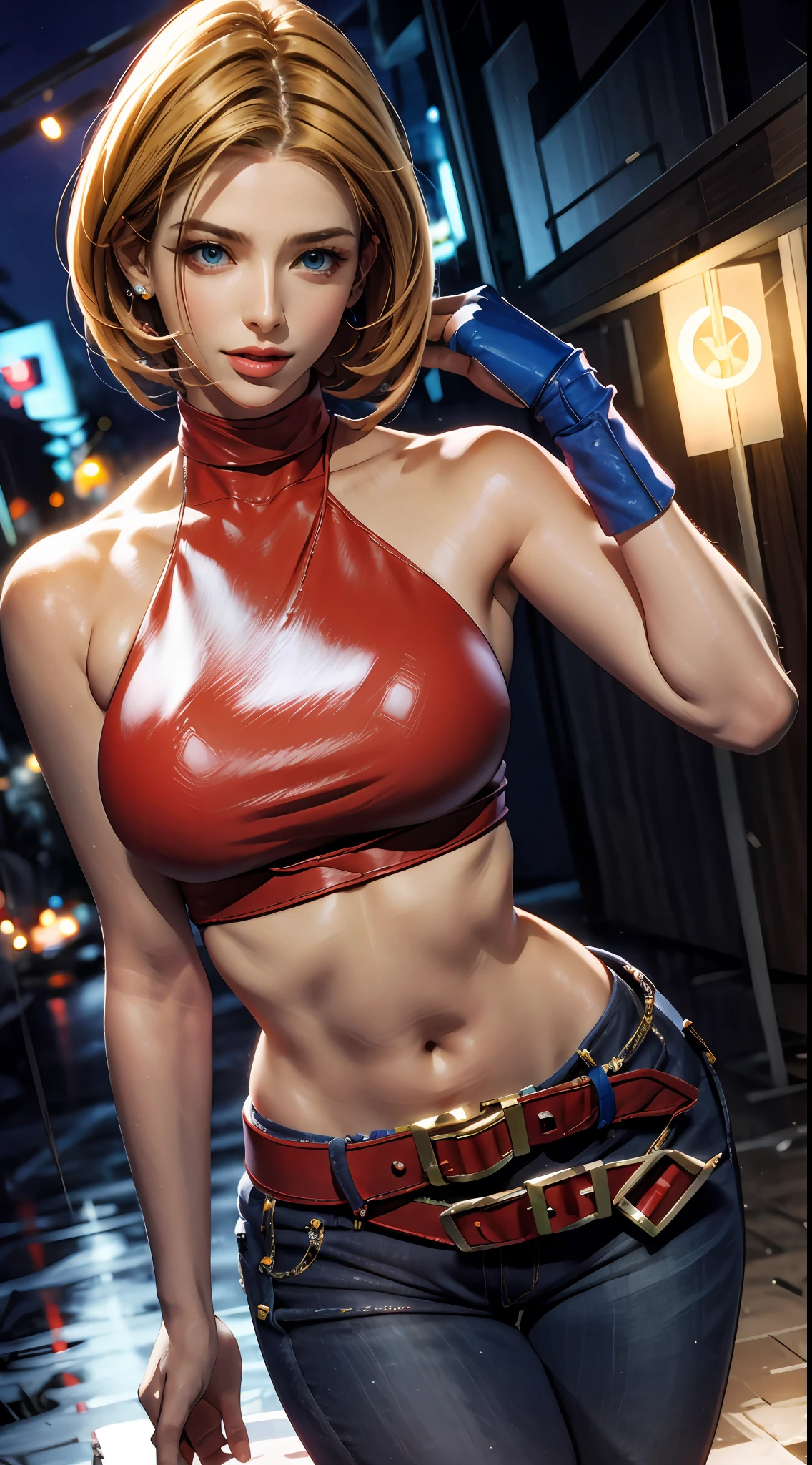 Blue Mary cosplay, melhor qualidade, (beleza), rosto garota 20 anos, rosto bonito, obra-prima, cropped vermelho, blusa vermelha, jeans with brown belt,  Physics-based rendering, ultra highres, cintura estreita, magro, olhos grandes, pernas longas, (seios pequenos), olhos inchados, noite, (cidade chuvosa), pele brilhante , de frente para o espectador, firm expression, realista, mulher, sexy,