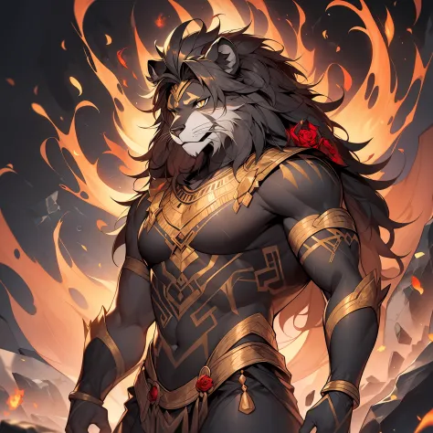 (Golden ratio:1.2),[(Black background:1.4)::10],(Masterpiece), (Best quality), (Ultra detailed),(Disheveled hair),(illustration),1 man,Furry,Solo,lion head,Golden eyes,Majestic and huge head,sparkling hair,Red hair,wild style,Beast-headed man,(Ancient Egyp...