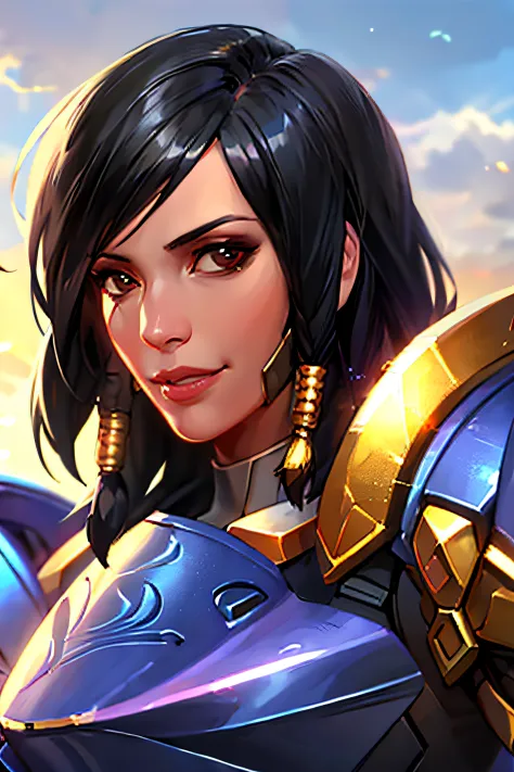 portrait, pharah, full armor, hopeful smile, sky background, sunlight, best quality