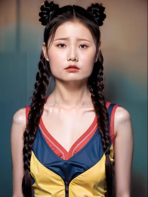 1girll，ID photo，The upper part of the body，No chest baring，Colorful school uniforms，closeup cleavage，solid color backdrop，Slightly sideways face，saddened，，（8K，RAW photos，Best picture quality，tmasterpiece：1.2），（Fidelity，Realism：1.37）