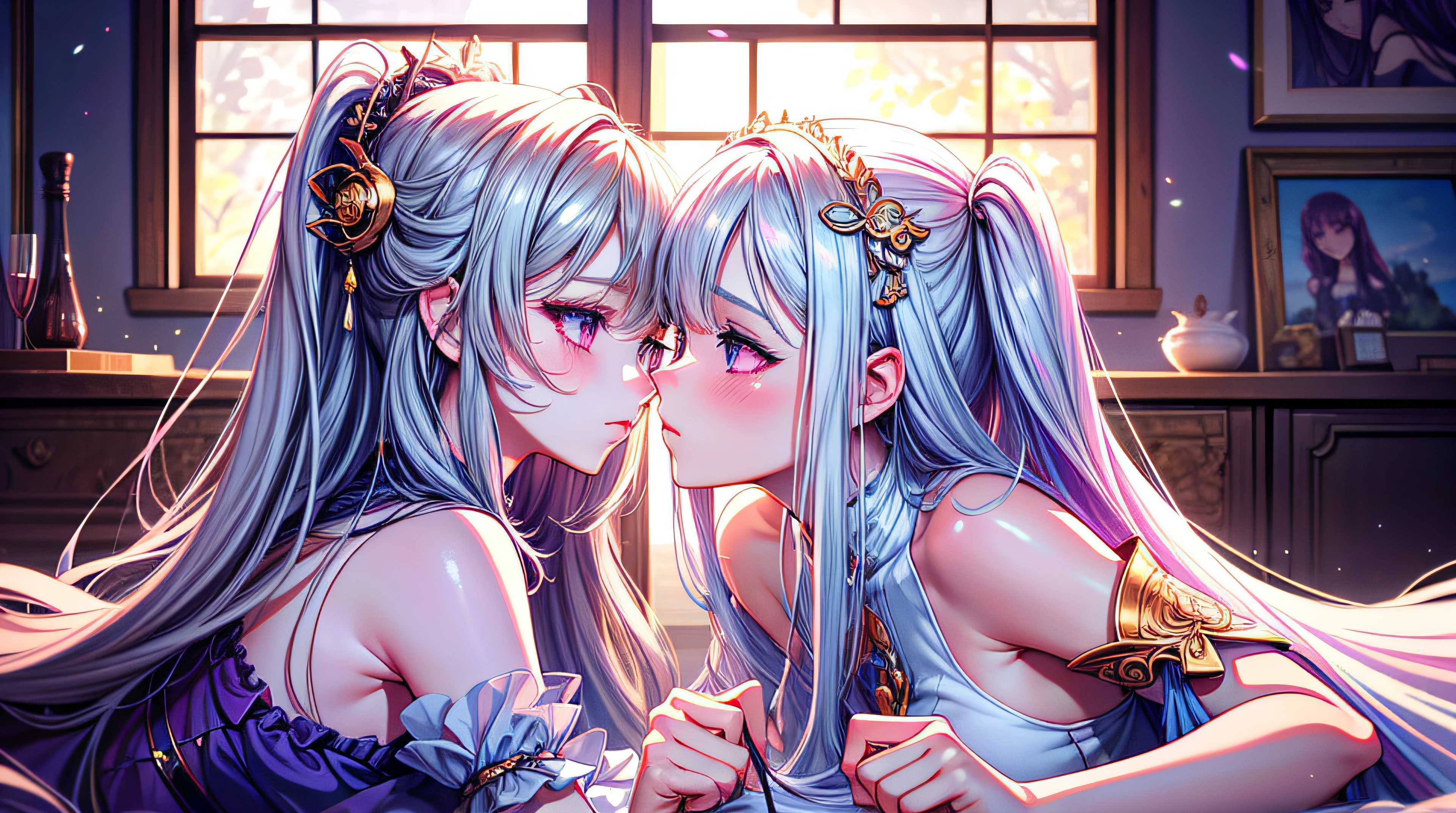 anime - style image of two women in a room with a window, kissing together cutely, kissing together, kissing each other, lovely kiss, fine details. two beautiful anime girls, white hair, purple eyes, glowing eyes, cute, kawaii, digital art, finely detailed eyes, embarrassed expression, long_hair, blushing, (highly detailed 8k wallpaper), best resolution, very_long_hair, masterpiece, best quality ,masterpiece, illustration, an extremely delicate and beautiful, extremely detailed ,CG ,unity ,8k wallpaper, Amazing, finely detail,huge filesize, ultra-detailed, highres, extremely detailed,beautiful detailed girl, extremely detailed eyes and face, beautiful detailed eyes,