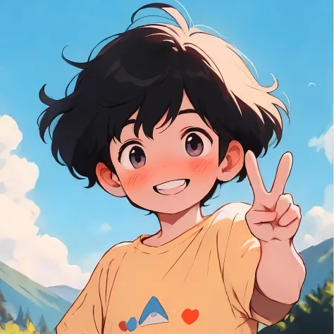 Anime boy has peace sign in front of the mountain, Anime boy, High Quality Anime Art Style, anime art style, anime style character, in an anime style, In anime style, Flat anime style, anime figure, Digital anime illustration, offcial art, clean and meticu...