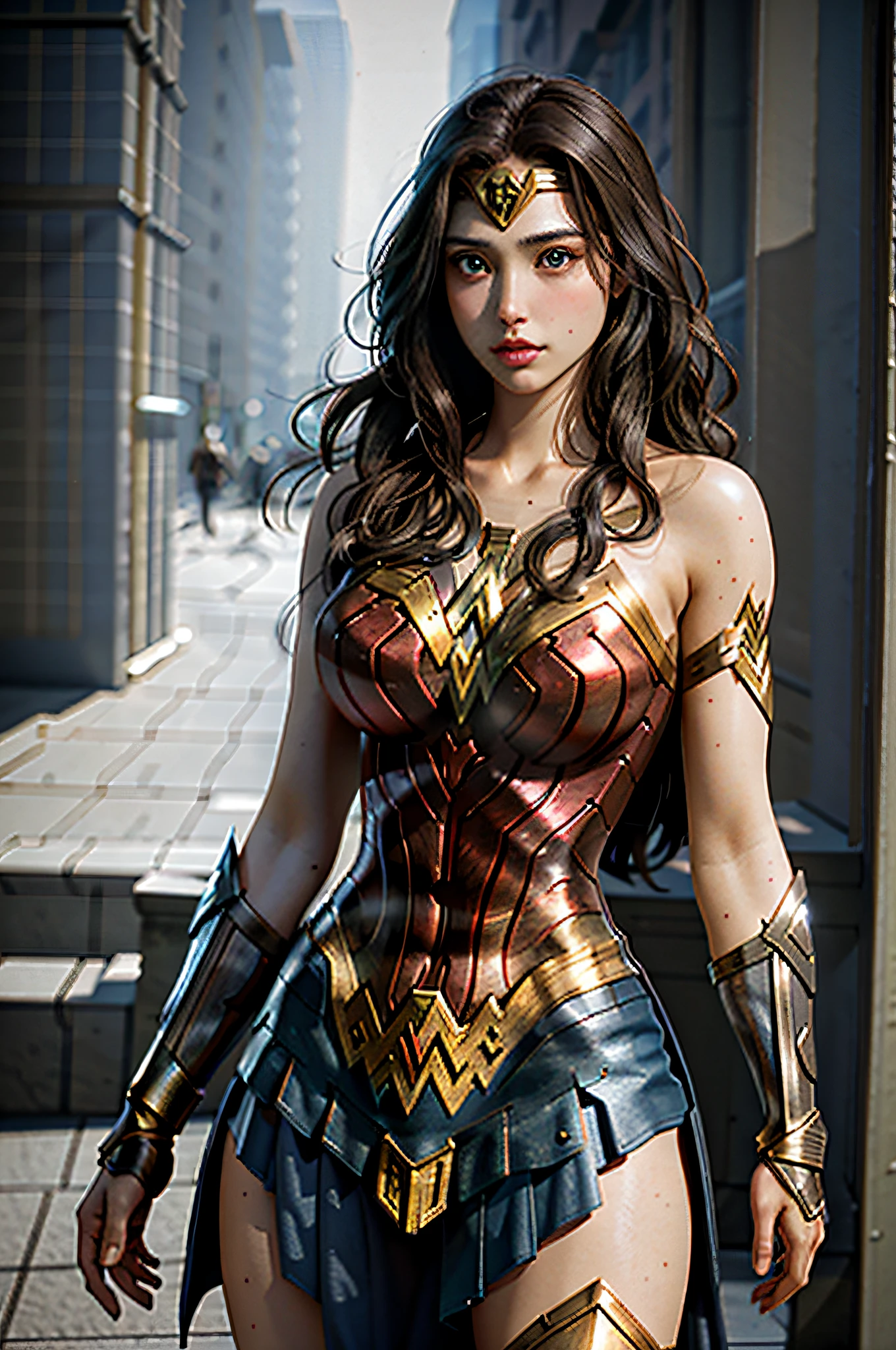 masterpiece, best quality, realistic, photograph, photorealism, hyper-detailed, perfect body, detailed eyes, beautiful girl, wonder woman, cosplay, sexy