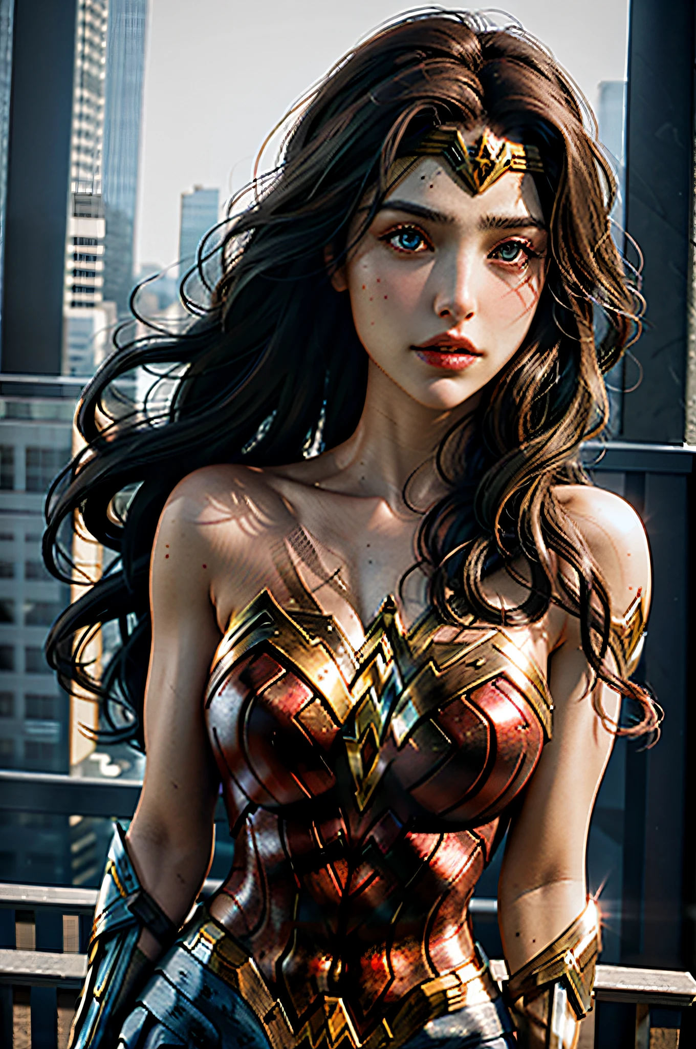 masterpiece, best quality, realistic, photograph, photorealism, hyper-detailed, perfect body, detailed eyes, beautiful girl, wonder woman, cosplay, sexy