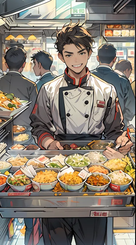A young and promising male chef stands in front of a snack cart，His face was filled with confidence and determination。The snack cart is decorated with brightly colored signs，It is filled with all kinds of delicacies，Surrounded by bustling crowds，All were a...