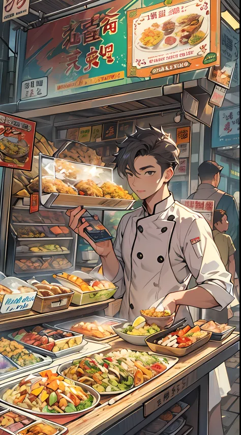 A young and promising male chef stands in front of a snack cart，His face was filled with confidence and determination。The snack cart is decorated with brightly colored signs，It is filled with all kinds of delicacies，Surrounded by bustling crowds，All were a...