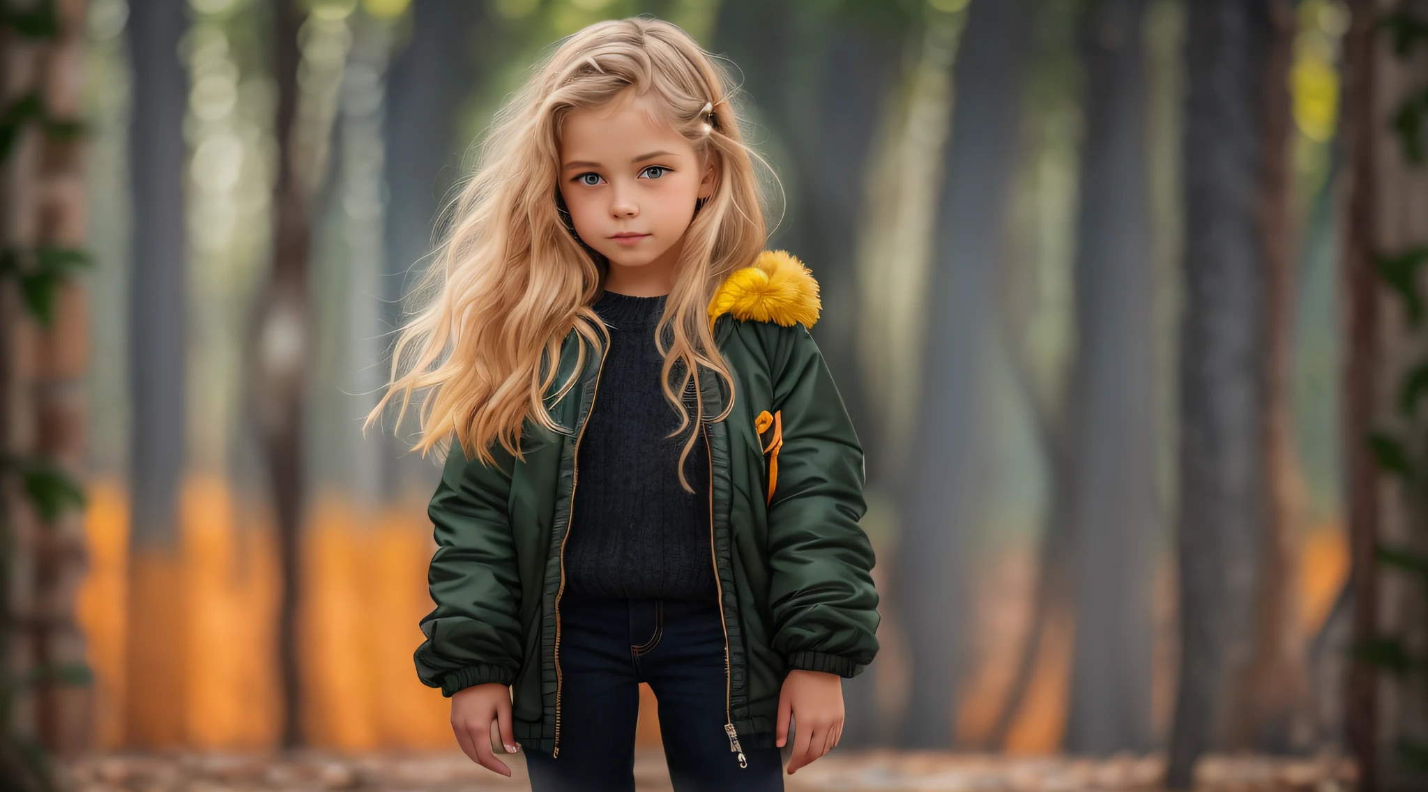 GIRLS Russian children with 10 years, loiro cabelos compridos, PORTRAIT, JAQUETA PRETA E ROUPA PRETA, FUNDO AMARELO.