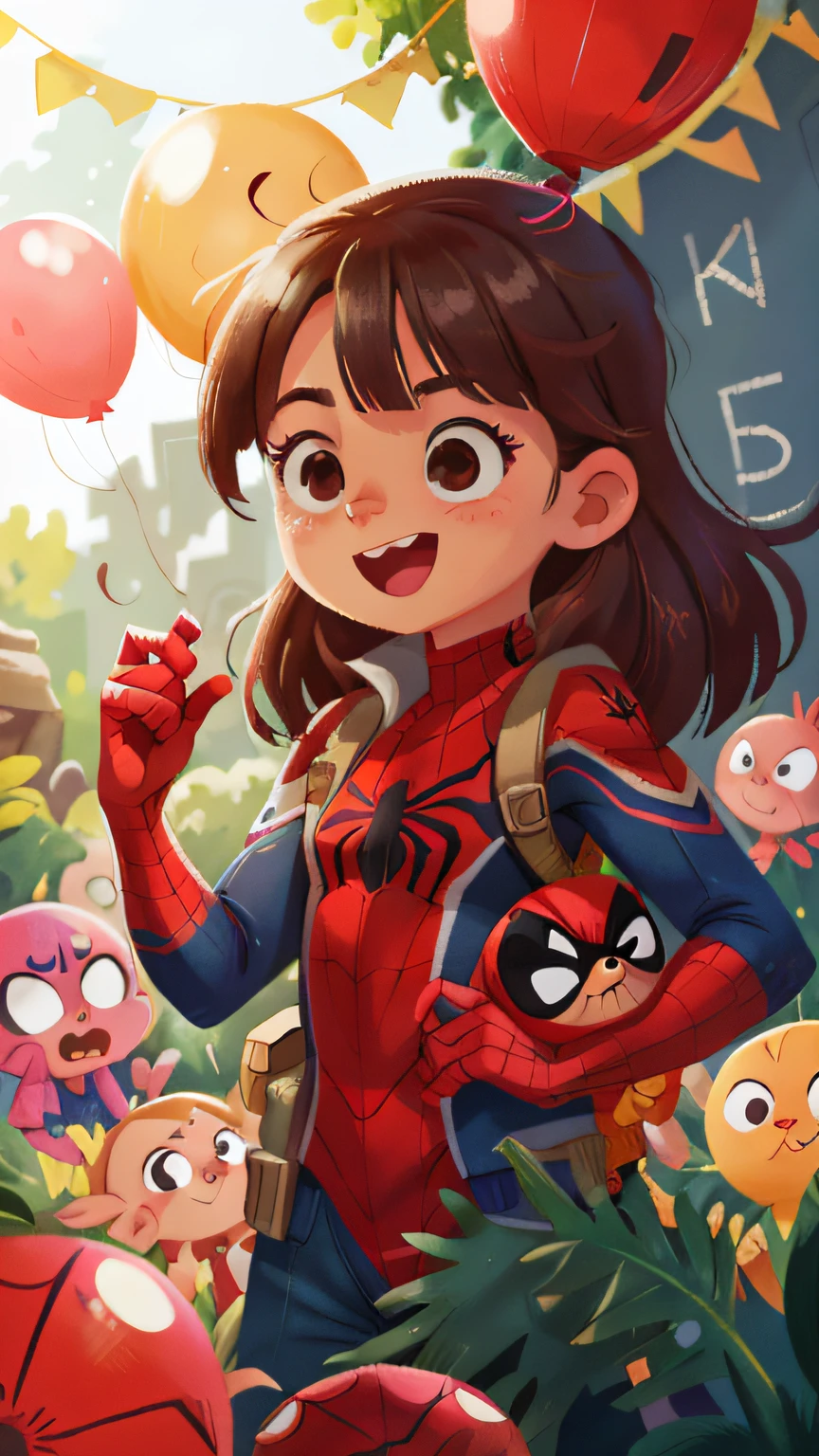 Una chica de dibujos animados con un traje de hombre araña rodeada de  globos - SeaArt AI