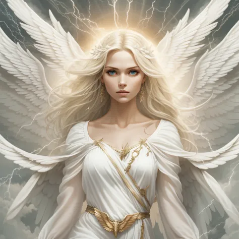 A white angel blonde woman, with white wings, fierce eyes, wearing a ...