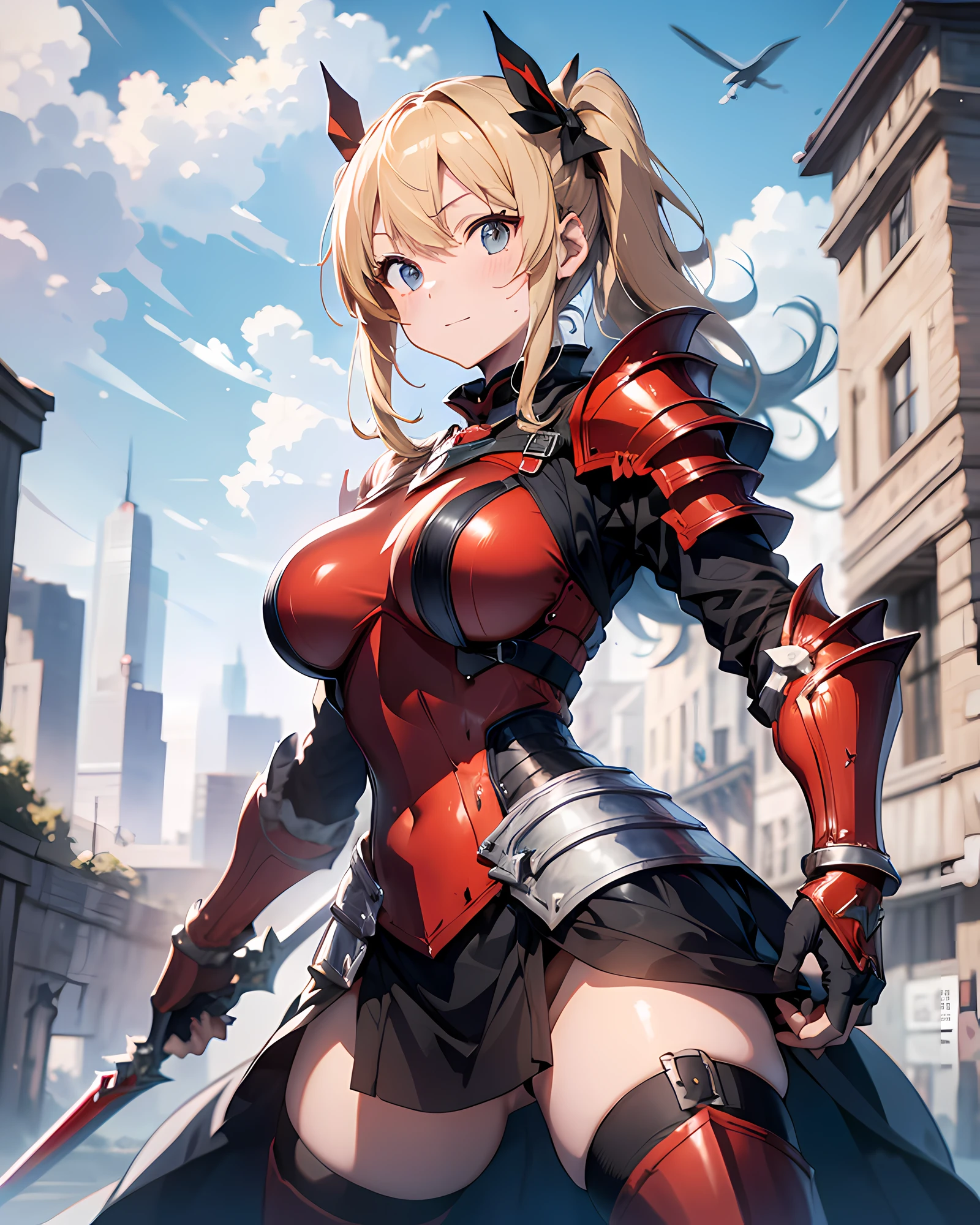 ((illustration of 剣を構えた blonde female Knight at royal palace), Masterpiece, best quality, (absurdres)), ((highres)), (ultra-detailed:1.3), (full body shot:1.3), (1 girl:1.3), character focus, BREAK,  (wearing a red knight heavy armor:1.37), platinum heavy armor, BREAK, (blonde hair:1.3, pony-tail hair with blue hair ribbon), (large breasts:1.37, disproportionate-breasted:1.27), slender, abs, clean face, cute face, detailed beautiful face, (beautiful anime waifu face:1.3), full-face blush, sweat, fog, steam, gorgeous royal palace at early morning background, (standing, open stance, random dynamic posing, holding saint sword), serious emotion, princess smile, detailed eyes, detailed arms, detailed hands, detailed figures, detailed body, sharp focus, centered image, looking straight viewer,