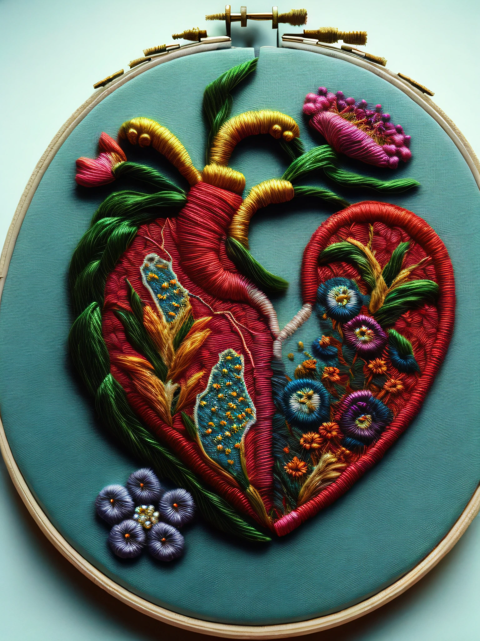 NEEDLEPOINT style embroidered cubism, (Embroidery with beads, anatomically accurate human heart organ + flowers:1.2), vibrant colors, adorned with beads.