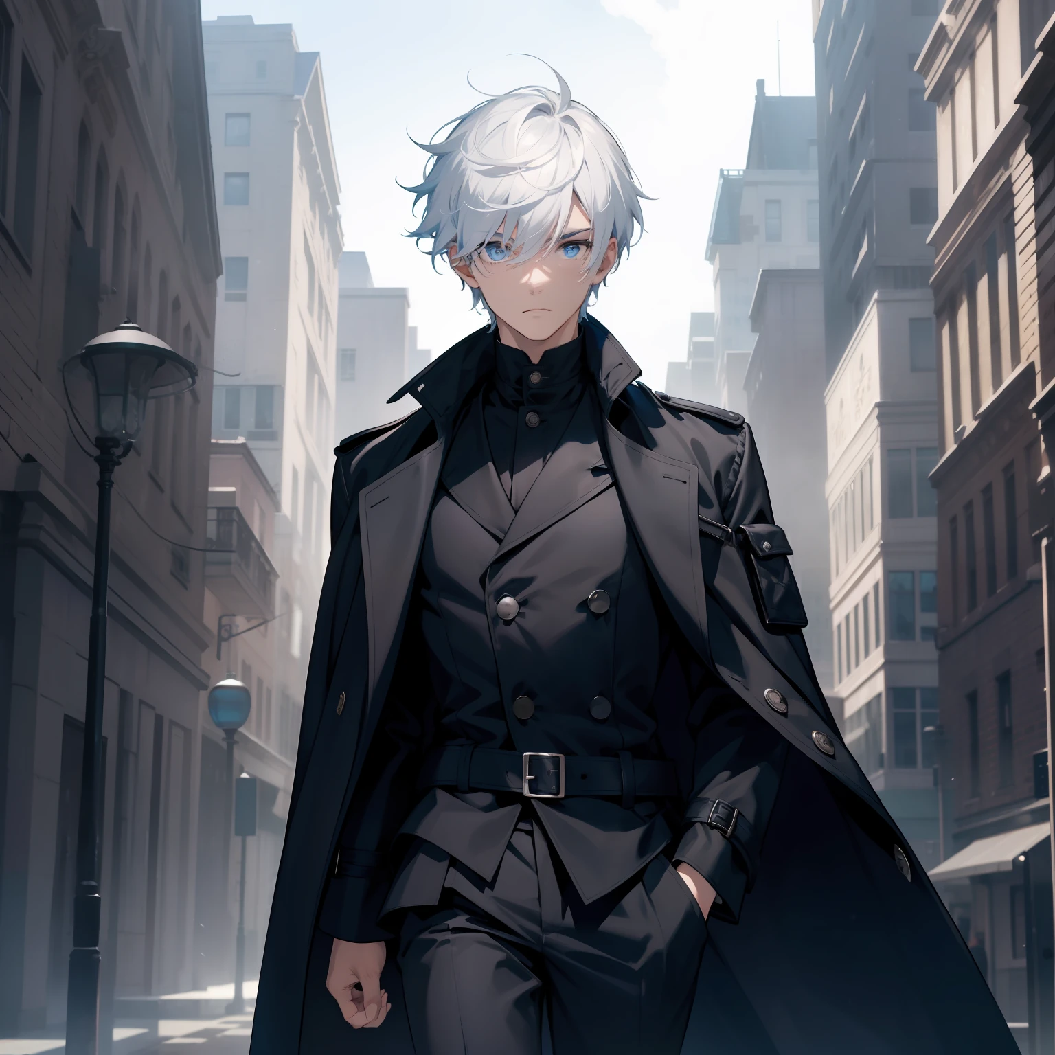 A boy，Blue pupil，a black trench coat，Wear short white sleeves underneath，Short white hair over the eyebrows，Tall and tall，Hair with well-defined lines，Daytime background